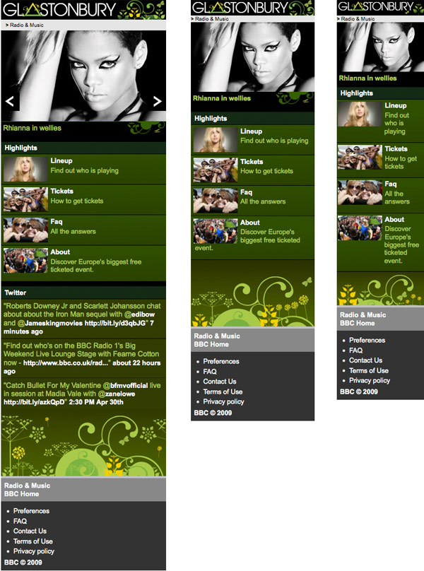 BBC at Glastonbury mobile site on different devices